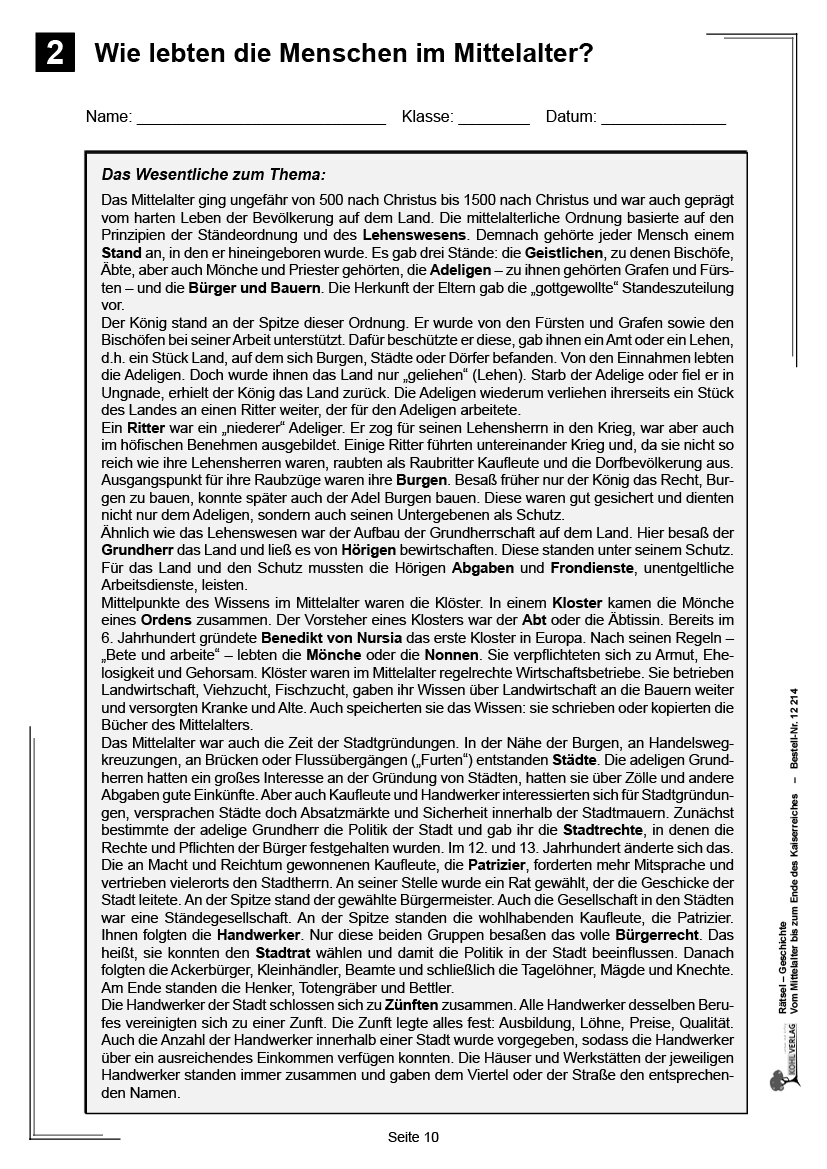 Rätsel Geschichte - Vom Mittelalter bis zum Ende des Kaiserreiches PDF, ab 10 J., 72 S.