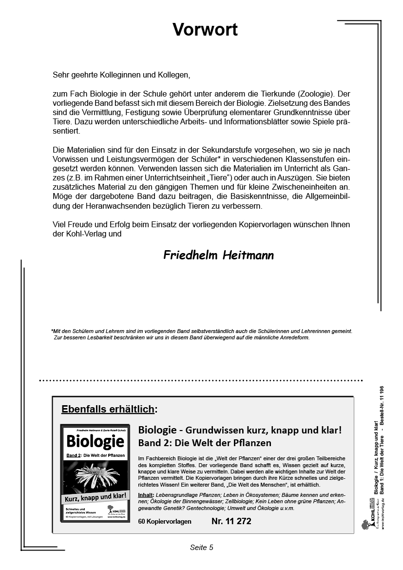Biologie - kurz, knapp und klar! Band 1: Die Welt der Tiere PDF, 72 S. 