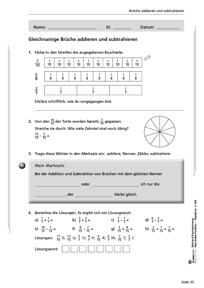 Brüche & Bruchrechnung Mein Mathe-Portfolio PDF, 56 S.