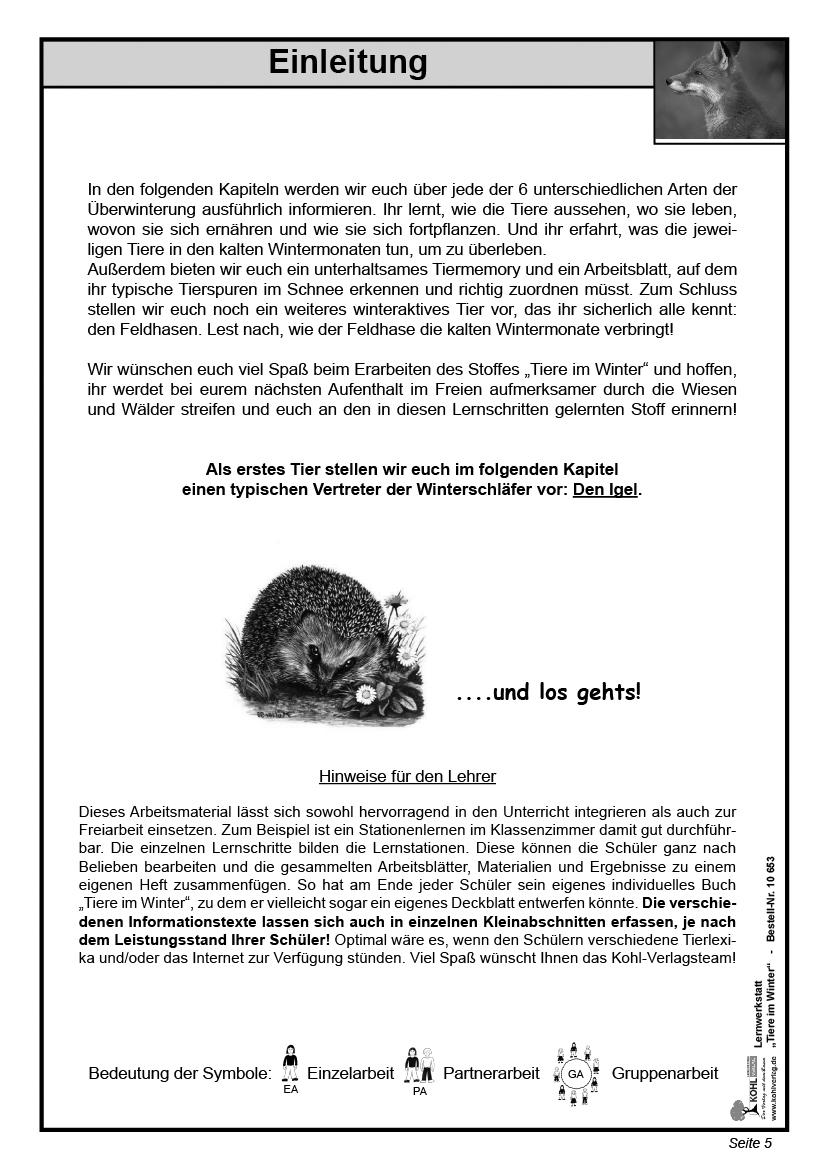 Lernwerkstatt Tiere im Winter PDF, ab  J., 36 S.