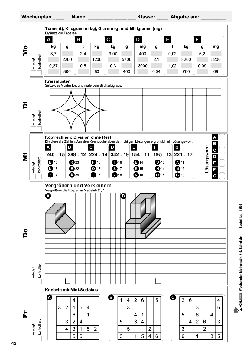 Wochenplan Mathe / Klasse 5, PDF, ab 11 J., 80 S.