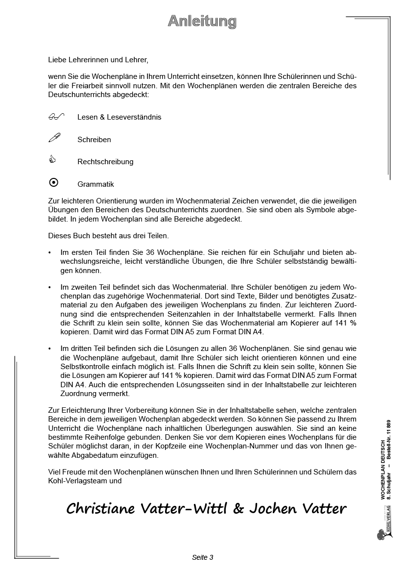 Wochenplan Deutsch / Klasse 8, ab 13 J., PDF