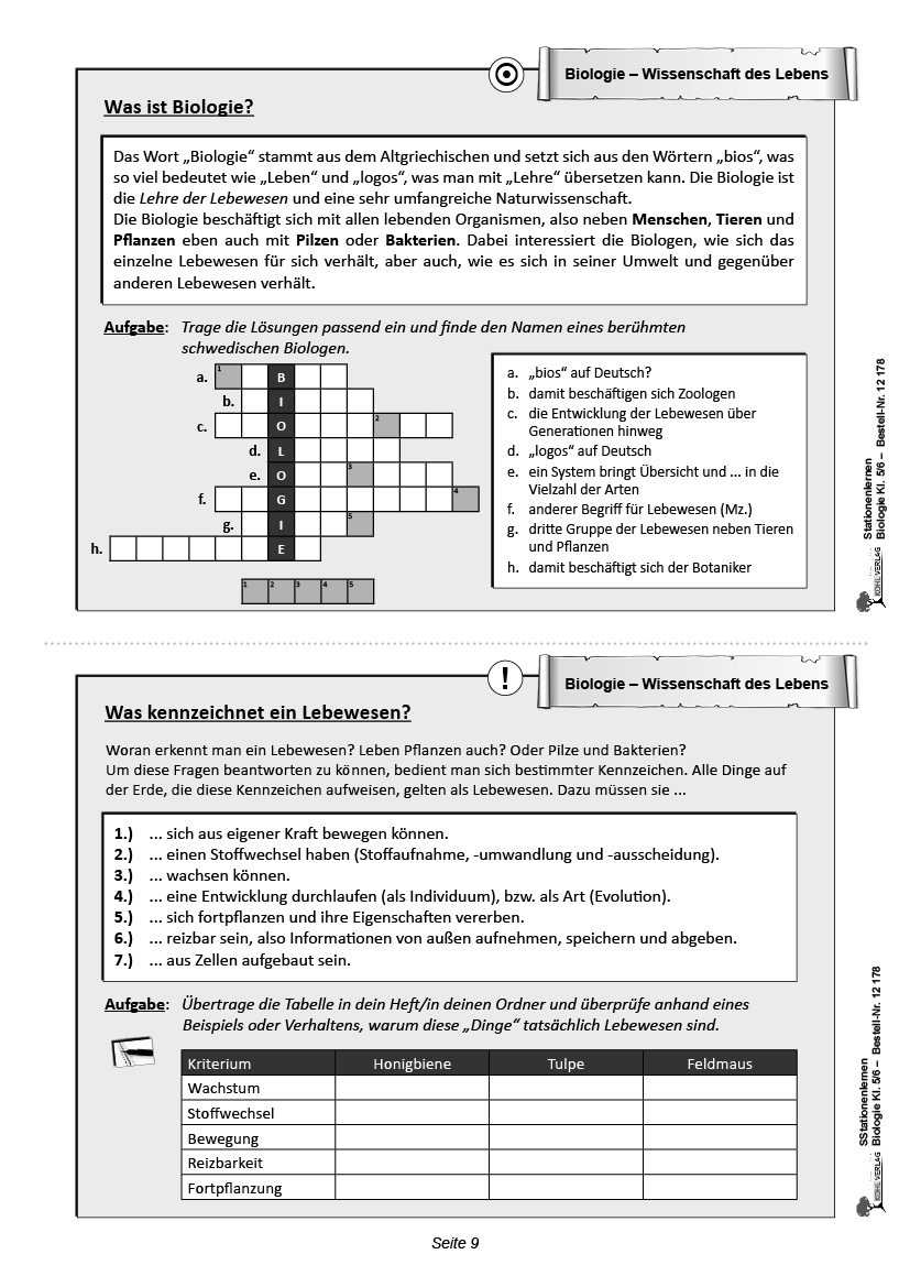Stationenlernen Biologie, PDF, ab 10 bis 11 J.