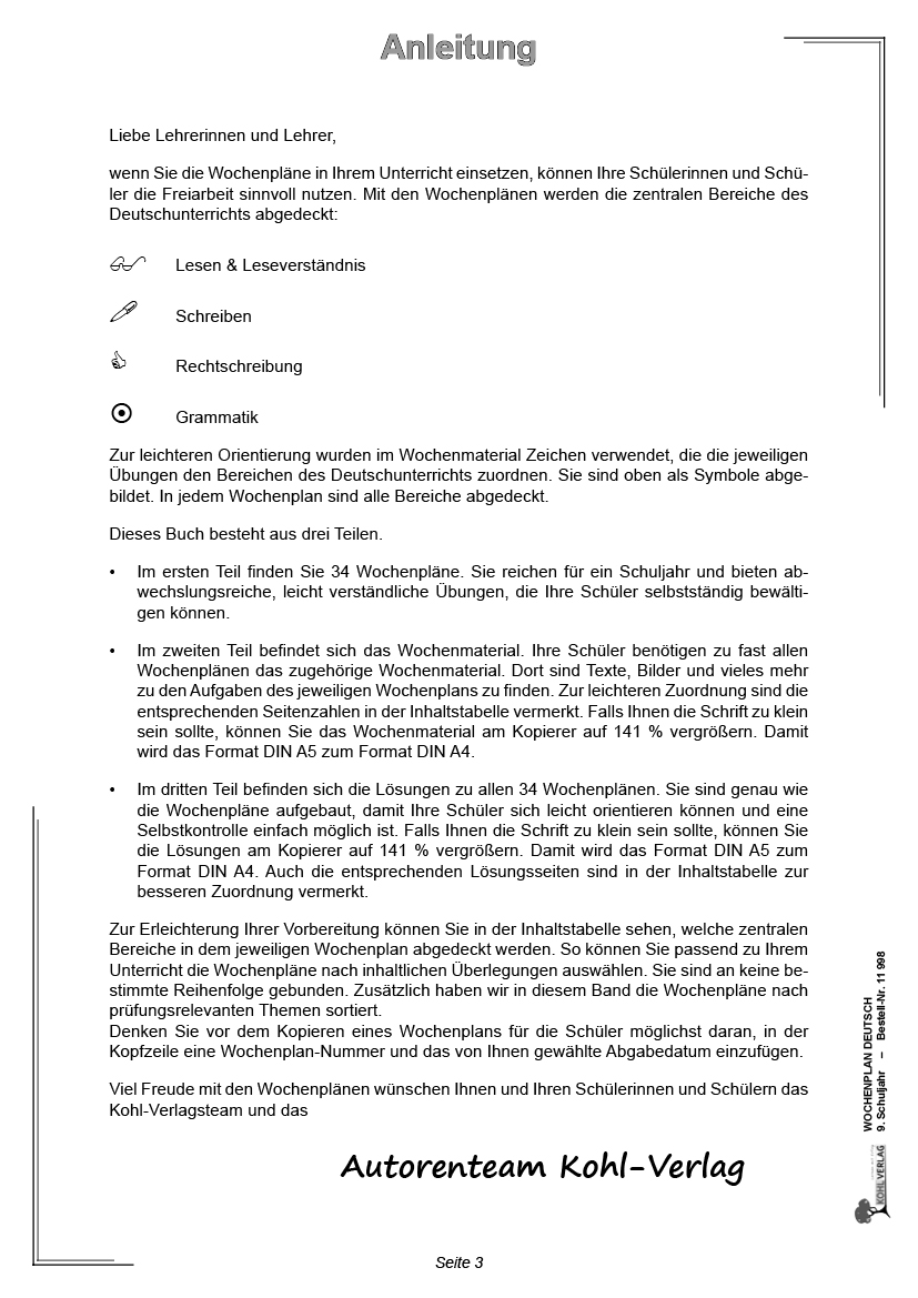 Wochenplan Deutsch / Klasse 9 / PDF, ab 13 J.