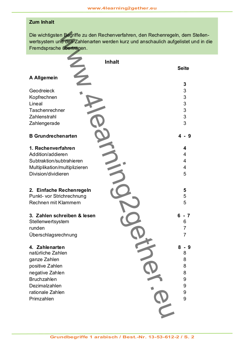 MaF Grundbegriffe 1 - Zahlen & Grundrechenarten arabisch, PDF, 10 S.