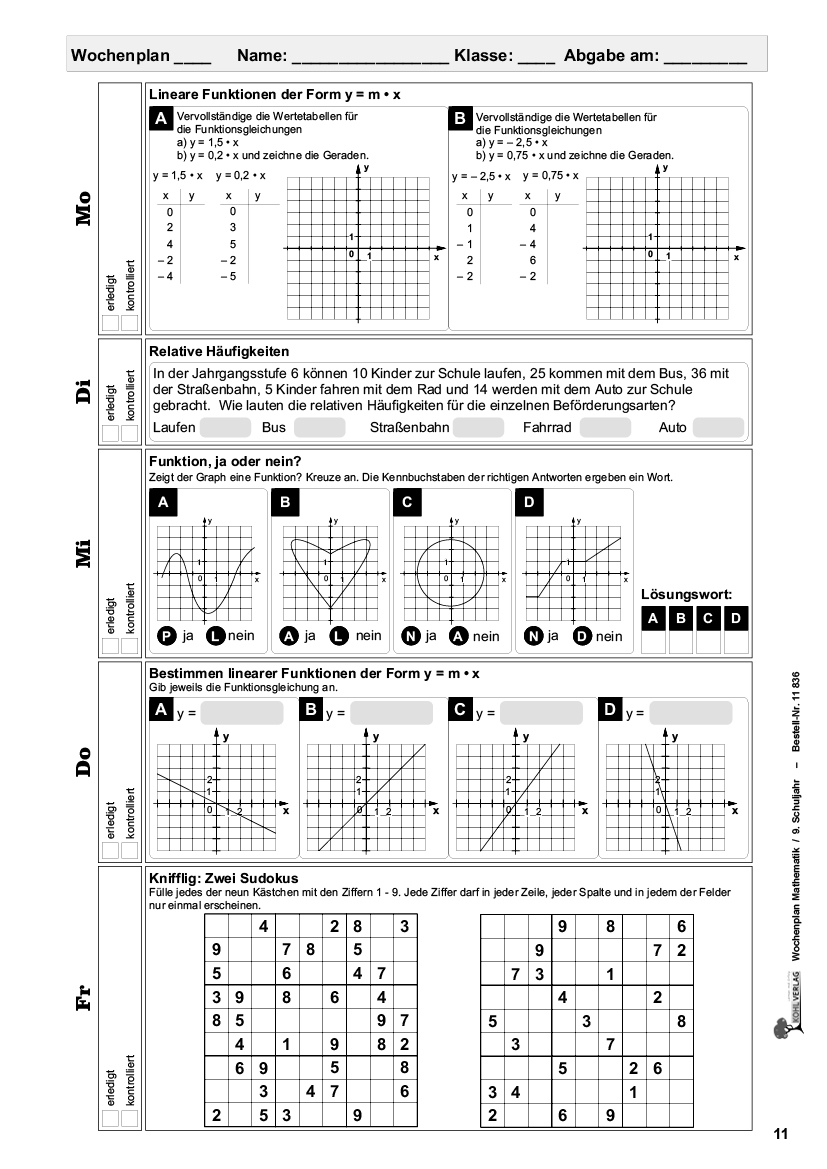 Wochenplan Mathe / Klasse 9 / PDF 80 S.