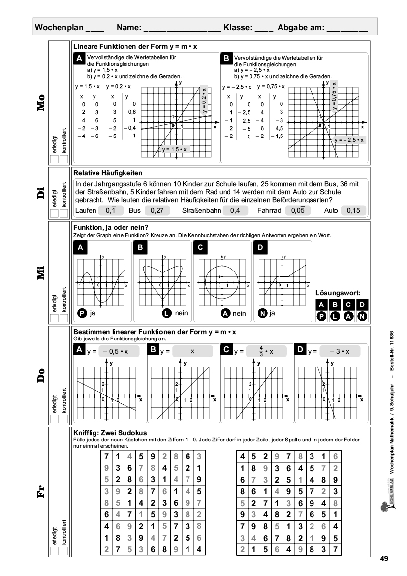 Wochenplan Mathe / Klasse 9 / PDF 80 S.