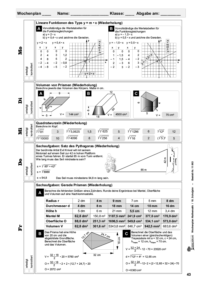 Wochenplan Mathe 10/ Klasse 10, PDF 80 S.