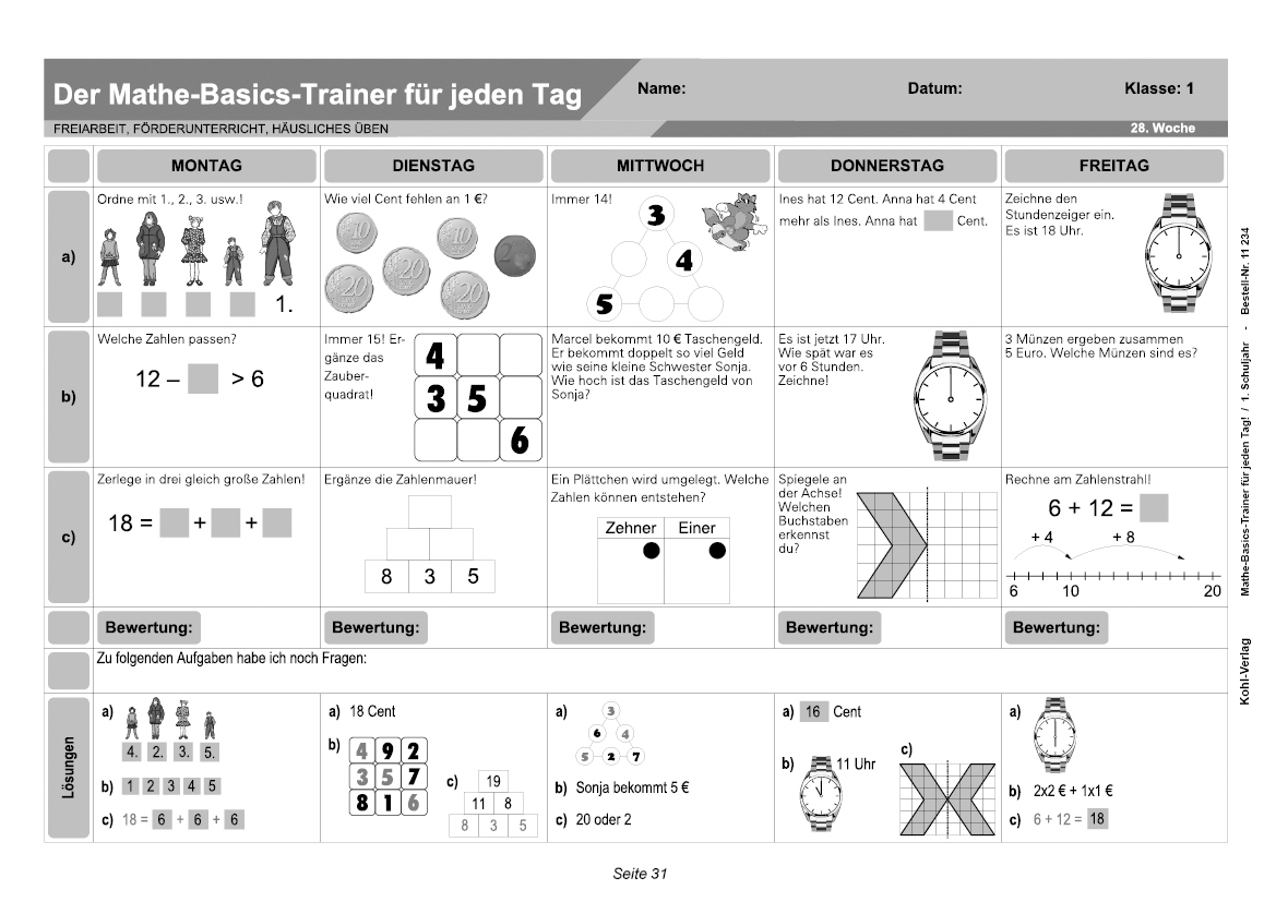 Mathe-Basics-Trainer / Klasse 1 PDF, 6 J., 56 S.