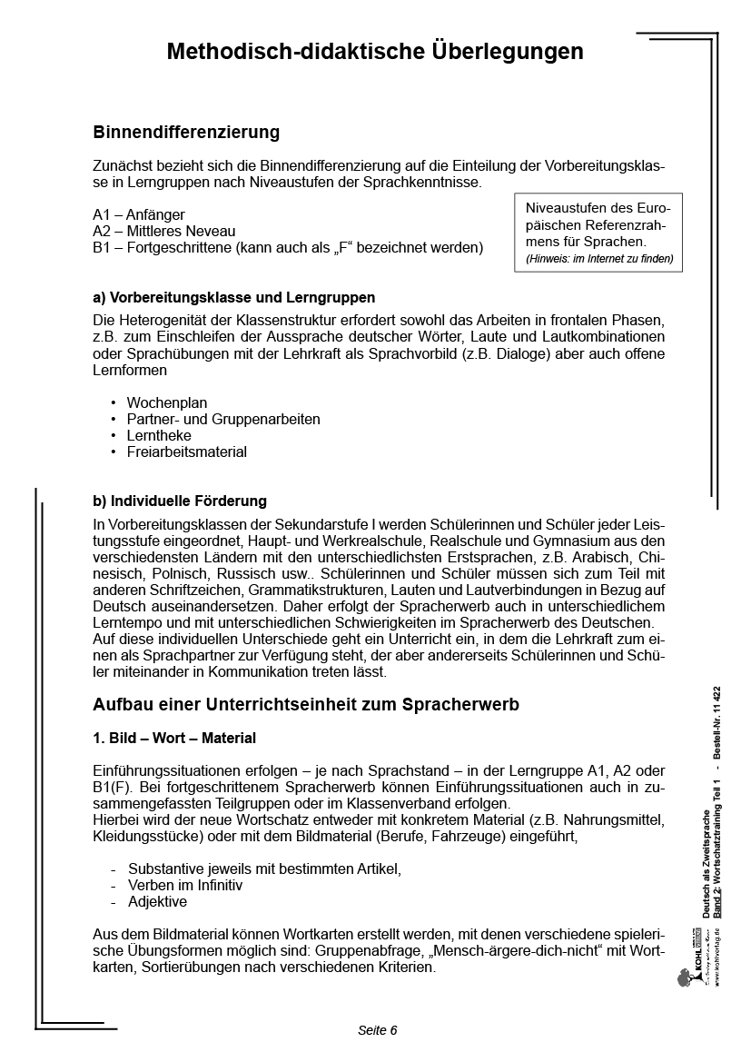 Deutsch als Zweitsprache in Vorbereitungsklassen Band 2: Wortschatztraining Teil 1 PDF, ab 8J., 