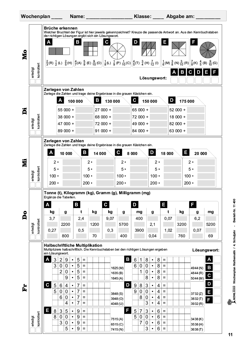 Wochenplan Mathe / Klasse 4, ab 9 J., 80 S.